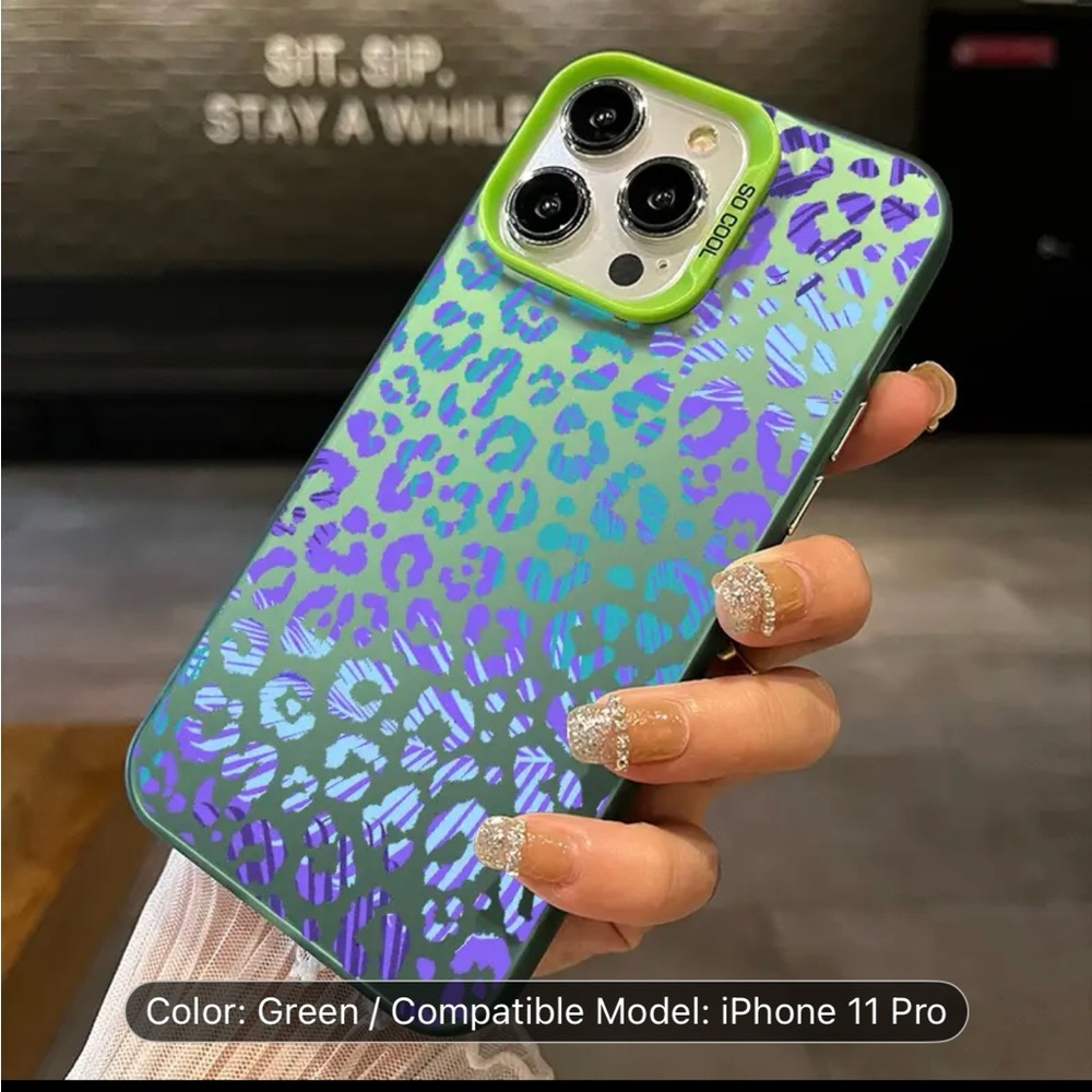 Holographic Green and Purple iPhone 11 Pro Case with Leopard Print